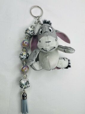 Gray Plush Donkey Eeyore Keychain with Bead Tassel - bag charm